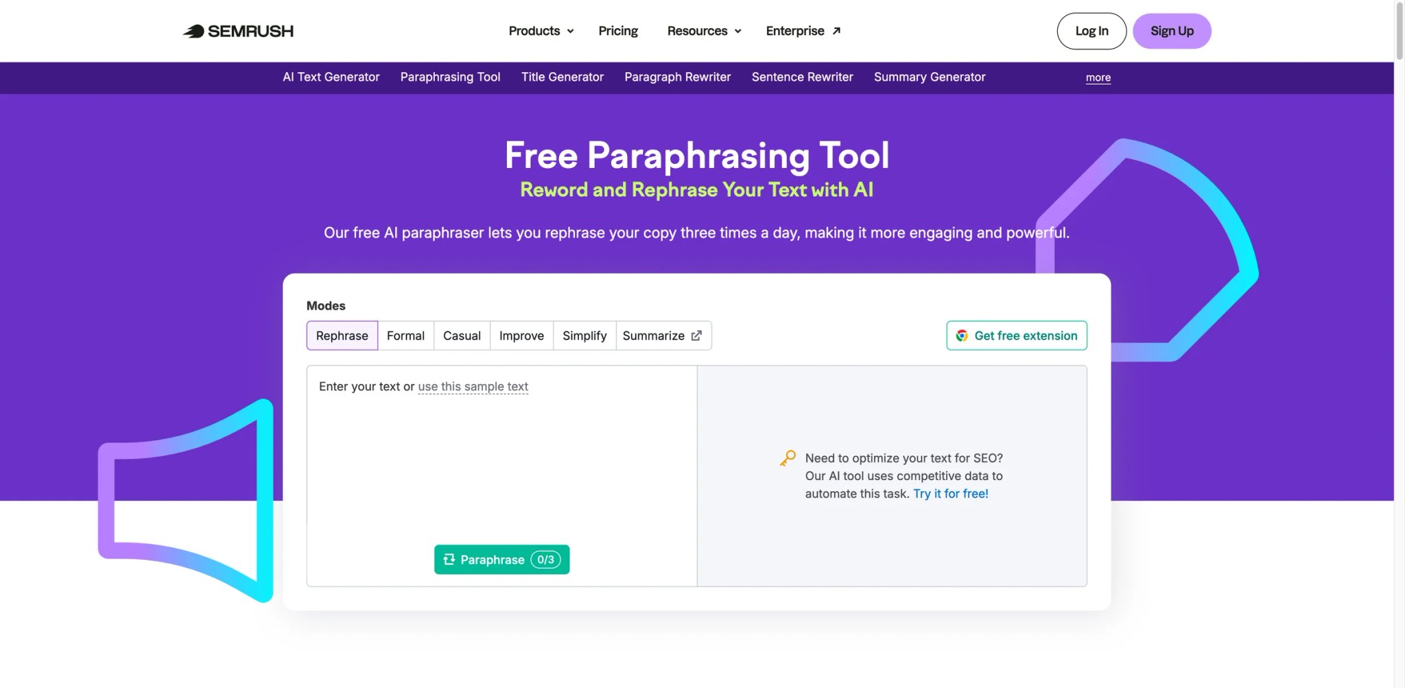 Semrush interface showing free paraphrasing tool