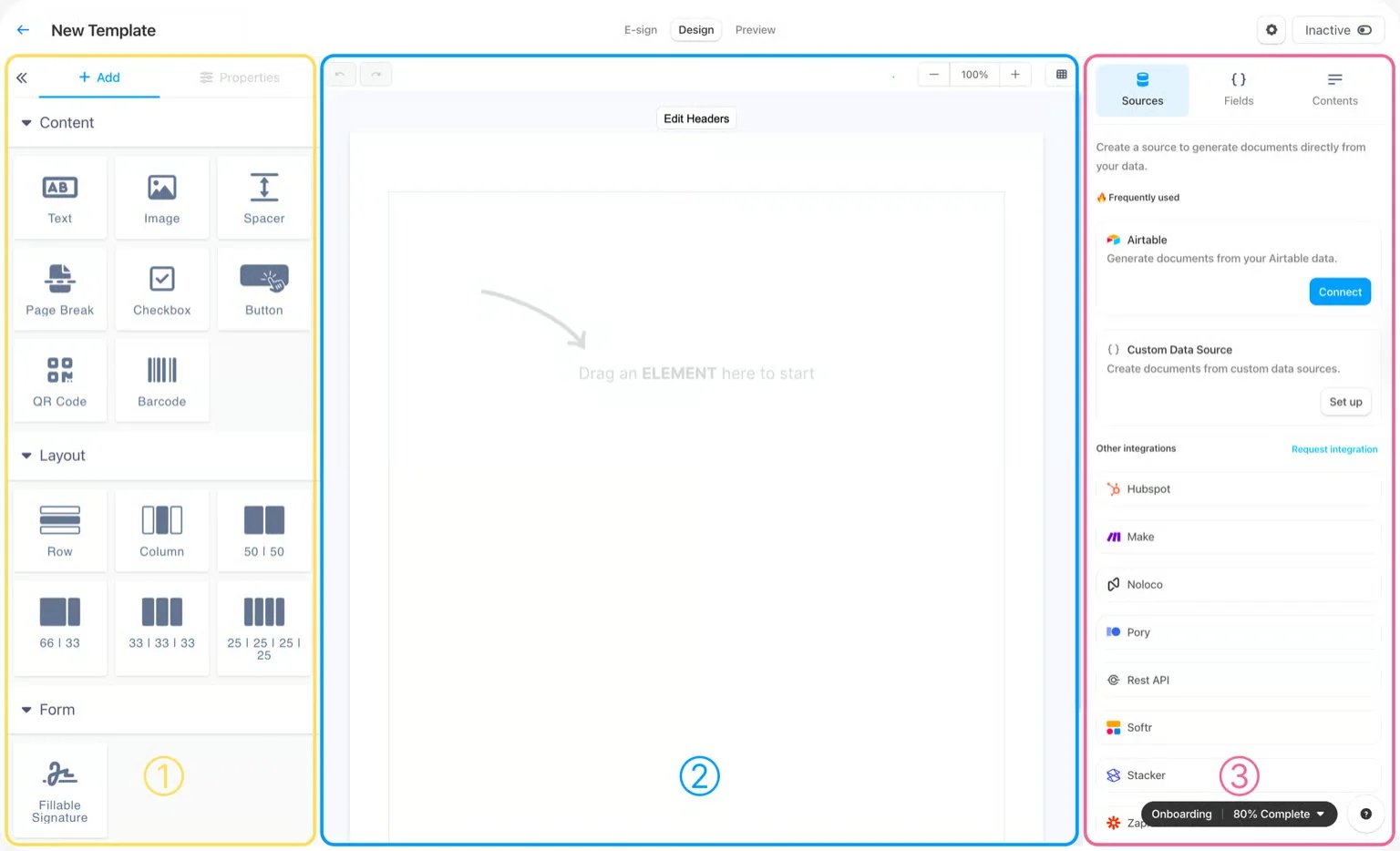 Documint template designer with element controls, document canvas, and data mapping pane