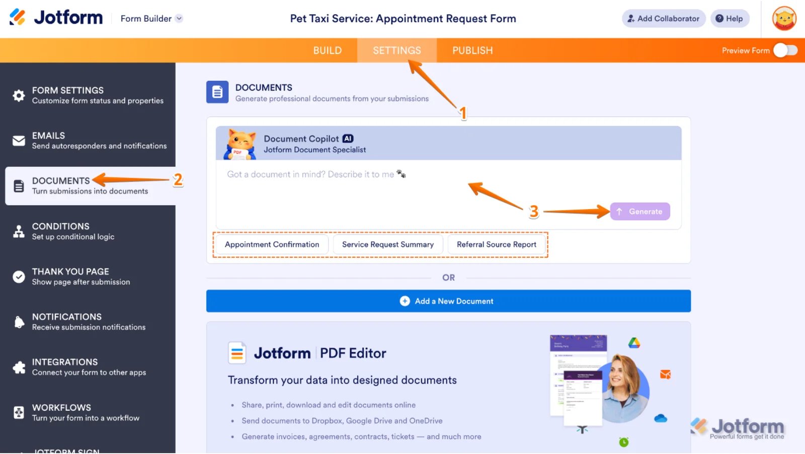 Jotform Documents workspace showing the AI-assisted PDF submission report workflow