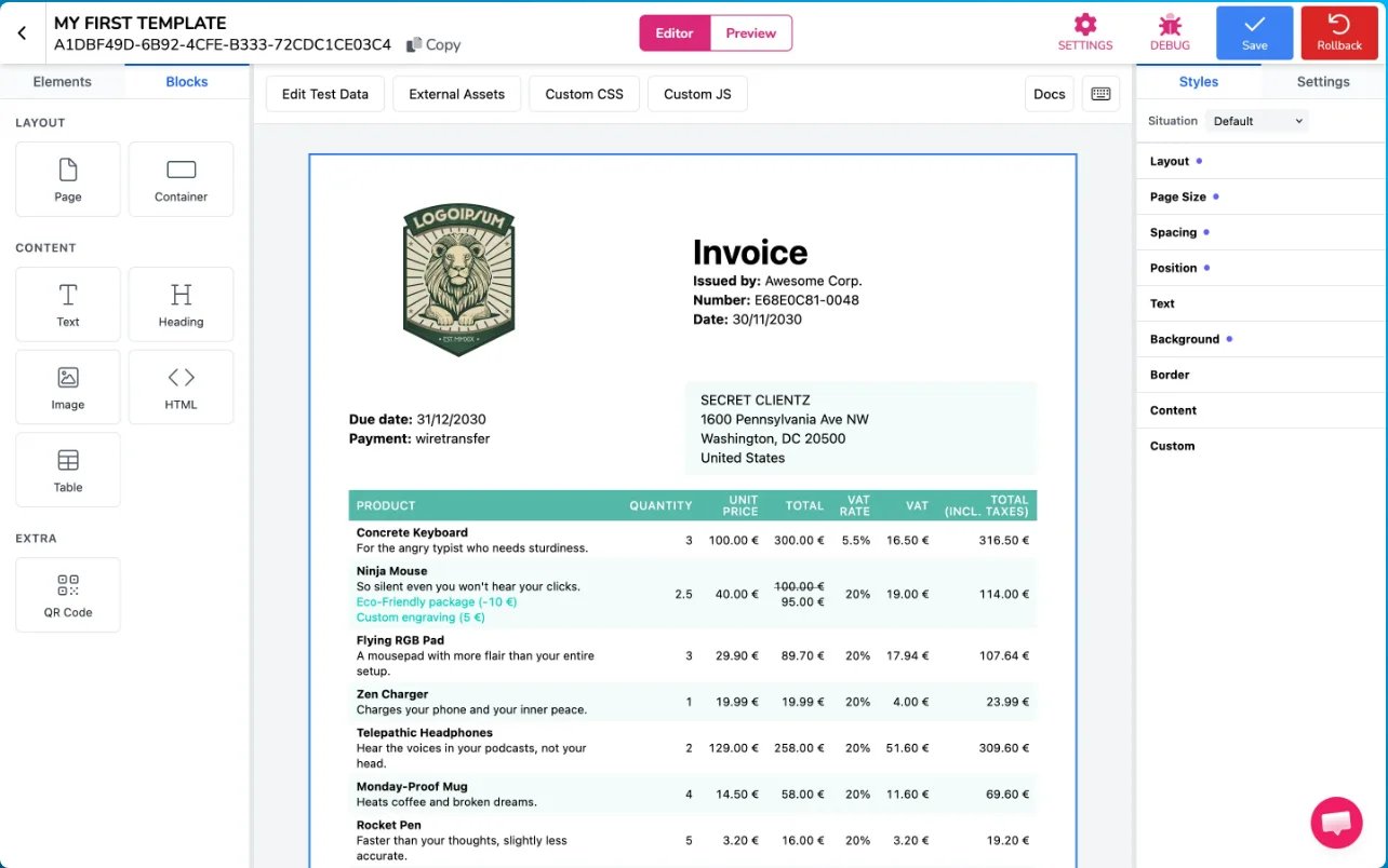 PDFMonkey visual template builder with block tree, document canvas, and settings panel
