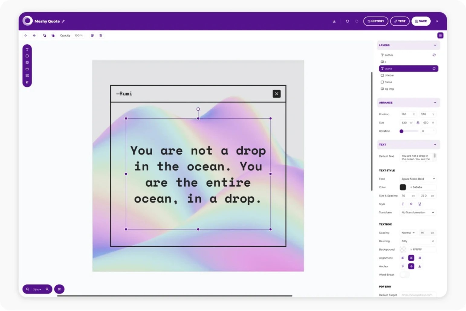 Placid template editor showing the canvas and toolbar for adding dynamic layers