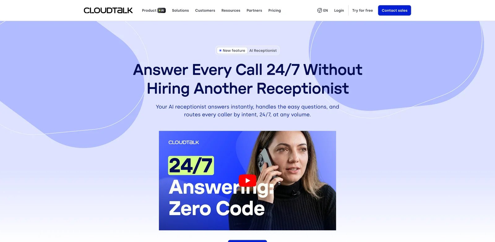 CloudTalk AI Receptionist interface showing call center AI workflow