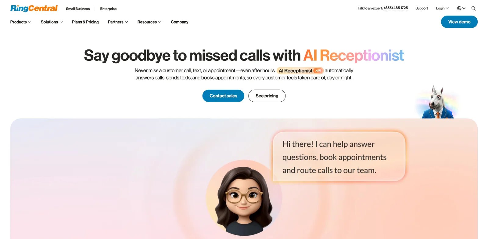 RingCentral AI Receptionist interface showing call routing workflow