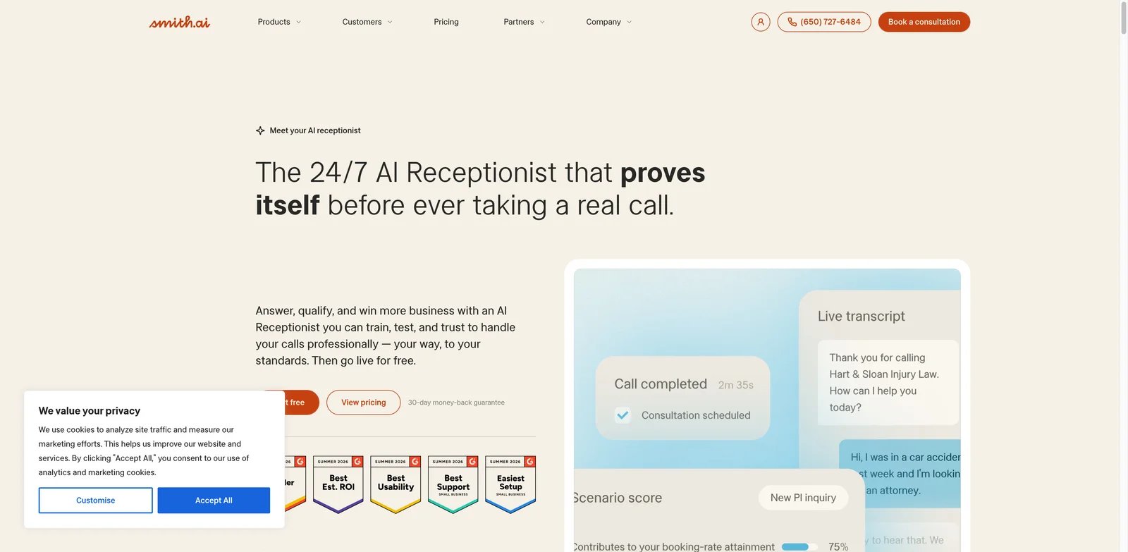 Smith.ai AI Receptionist interface showing AI and live receptionist handoff