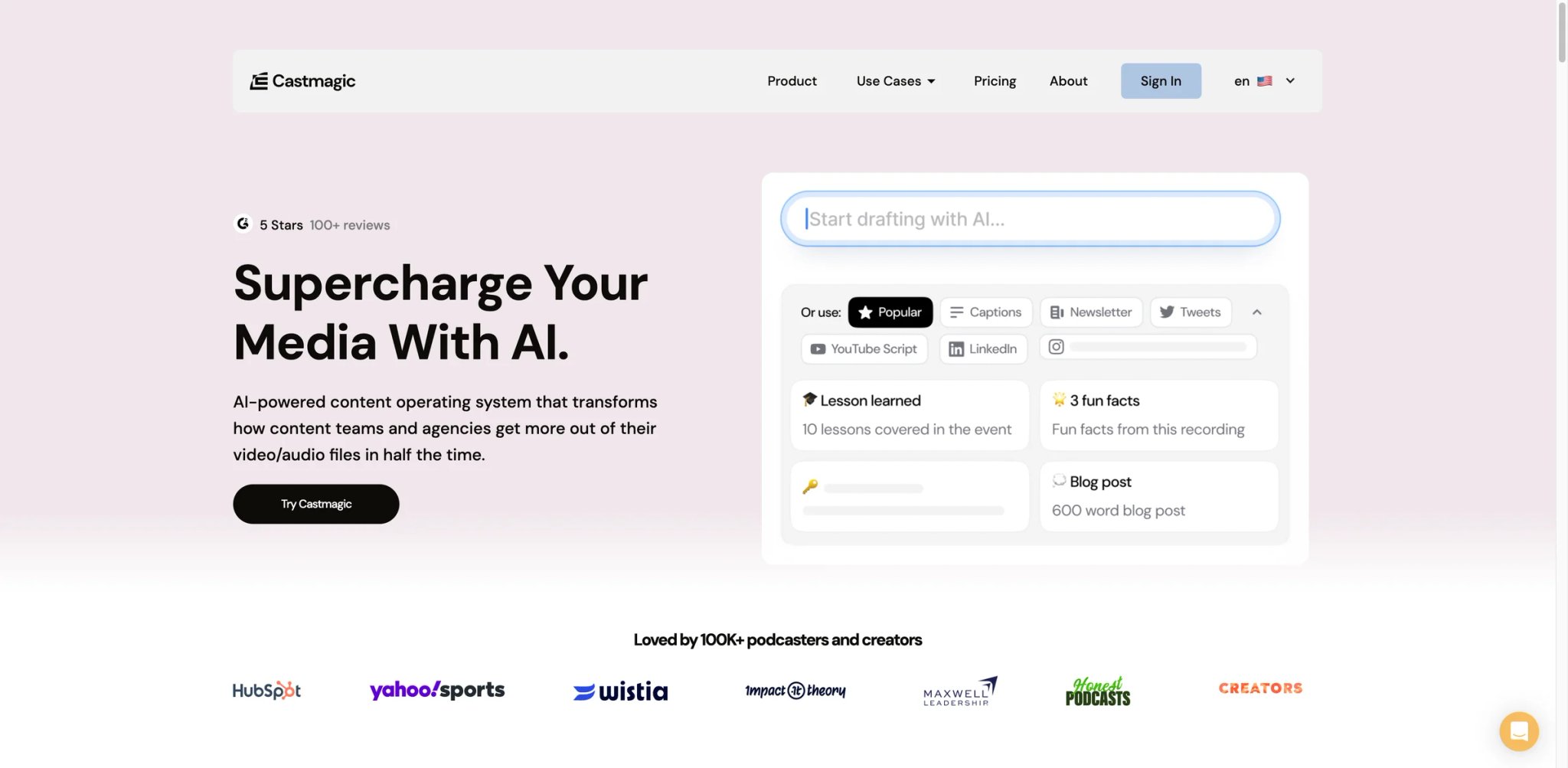 Castmagic interface showing podcast audio upload and AI content library generation with show notes and social posts