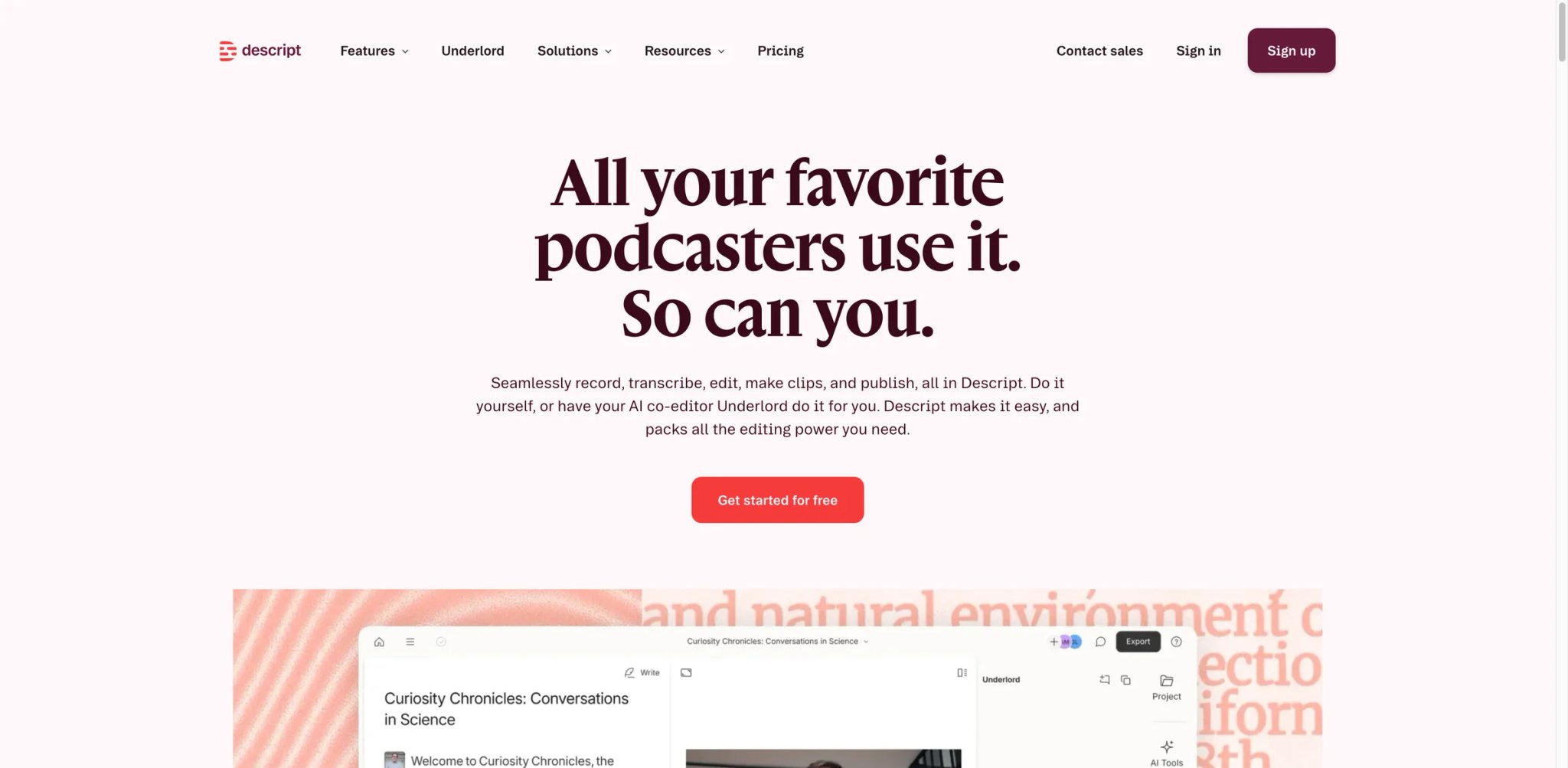 Descript podcasting interface showing transcript-based editing with AI filler word removal and Studio Sound panel
