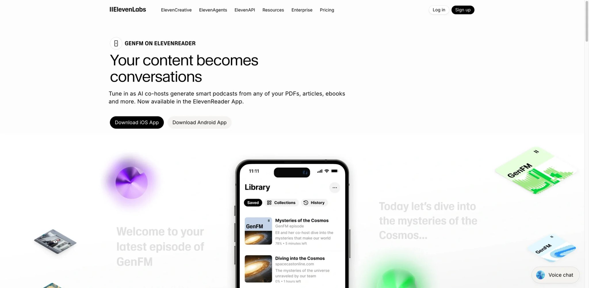 ElevenLabs GenFM interface showing document upload and AI co-host podcast generation with voice controls