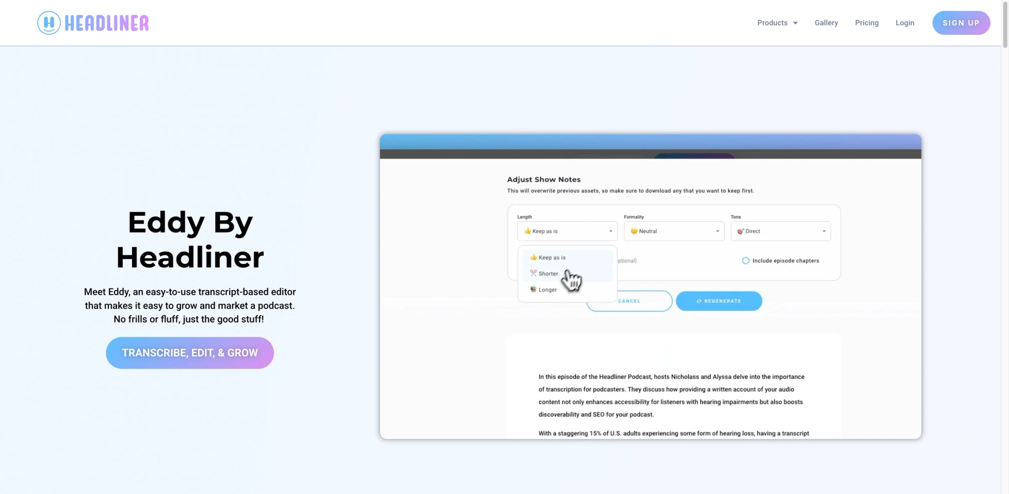 Headliner Eddy interface showing AI transcript editor and podcast clip generation for social media