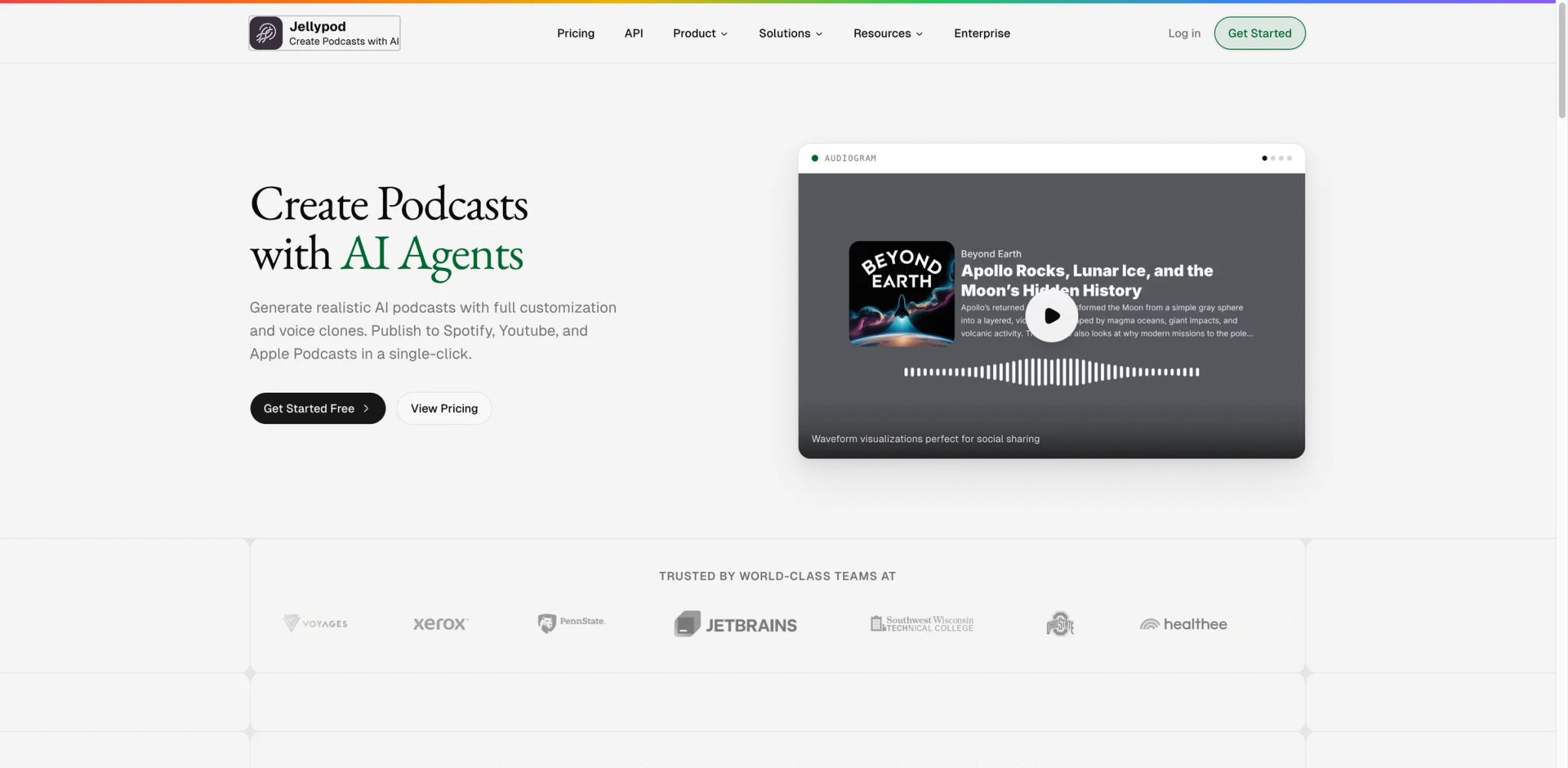 Jellypod interface showing AI podcast creation dashboard with hosting and episode management