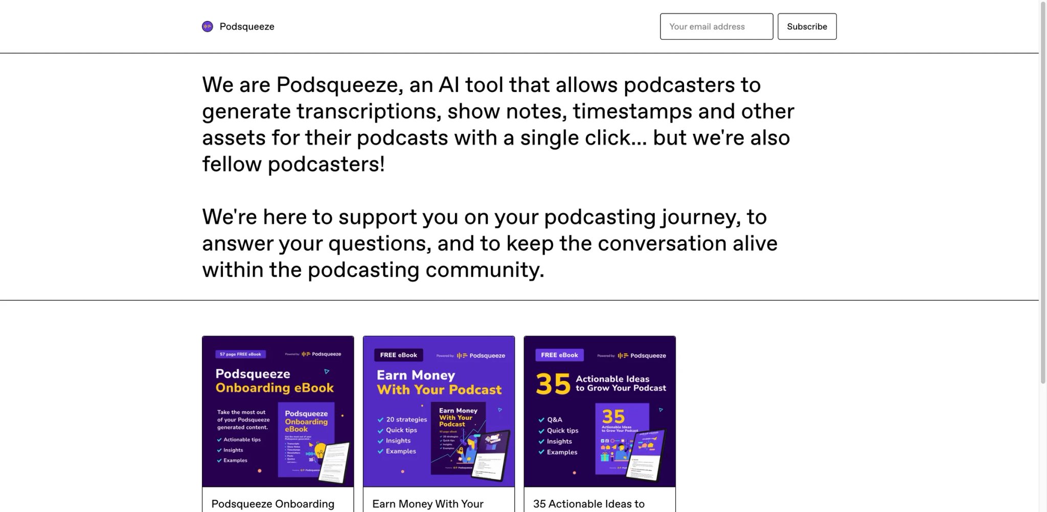 Podsqueeze AI podcast generator interface showing text and PDF to audio conversion workflow