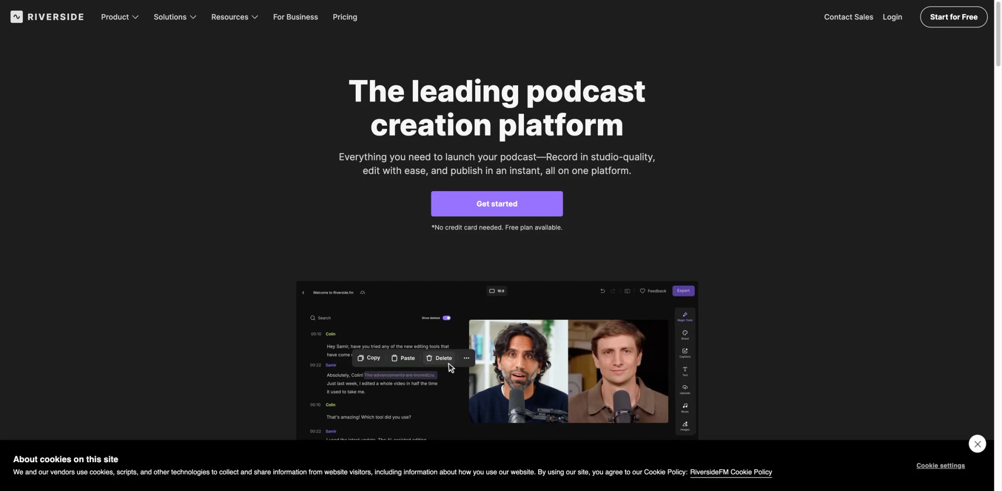 Riverside FM podcast maker interface showing remote recording dashboard with AI clips and show notes generation
