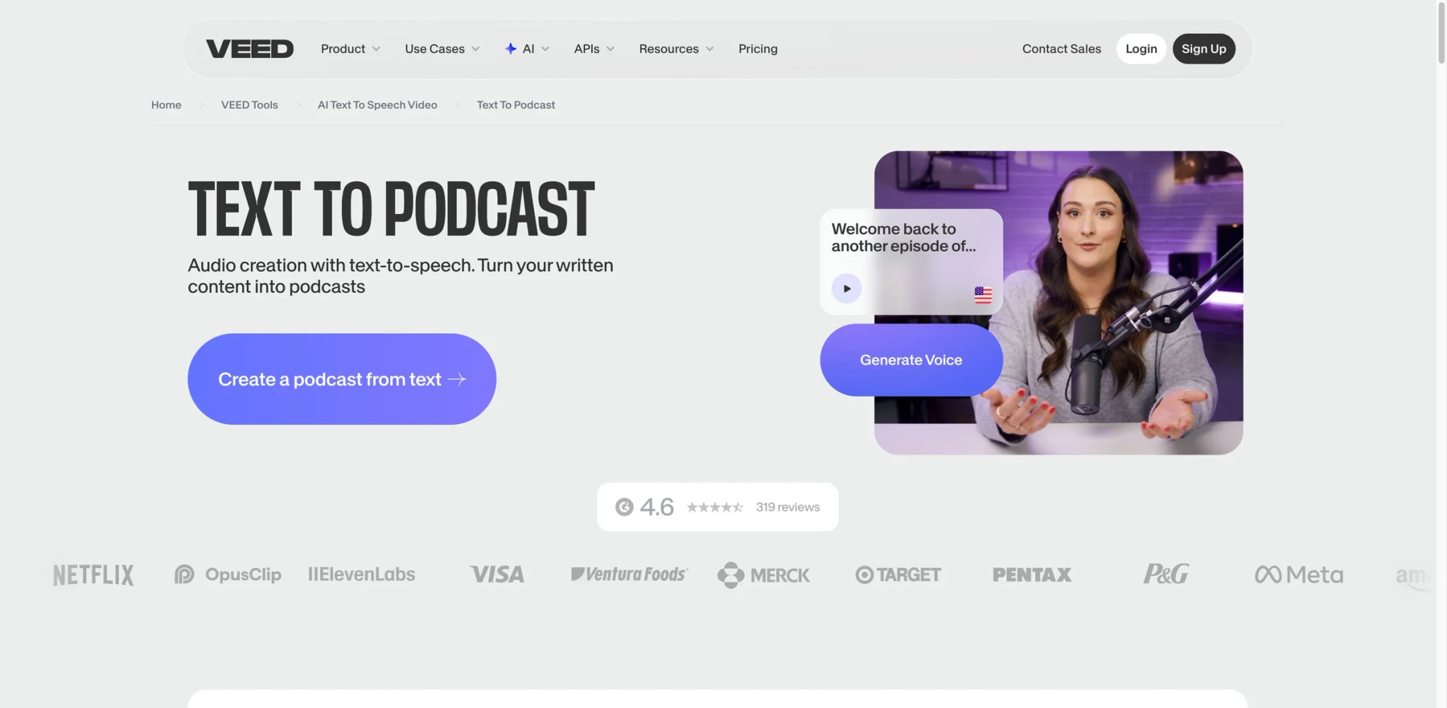 VEED text to podcast interface showing AI voice selection and multi-speaker podcast creation workflow