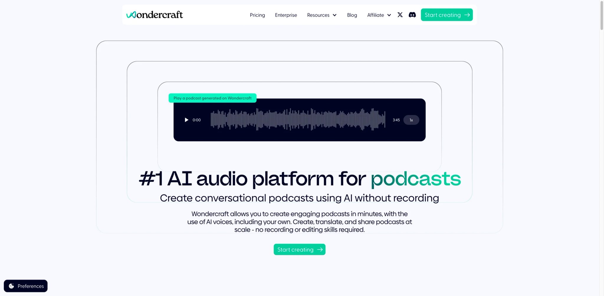 Wondercraft AI interface showing podcast timeline editor with AI voice selection and script editing