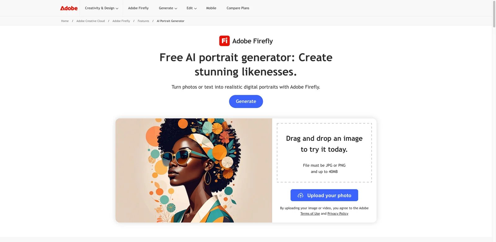 Adobe Firefly interface showing AI portrait generation with reference controls and creative style settings