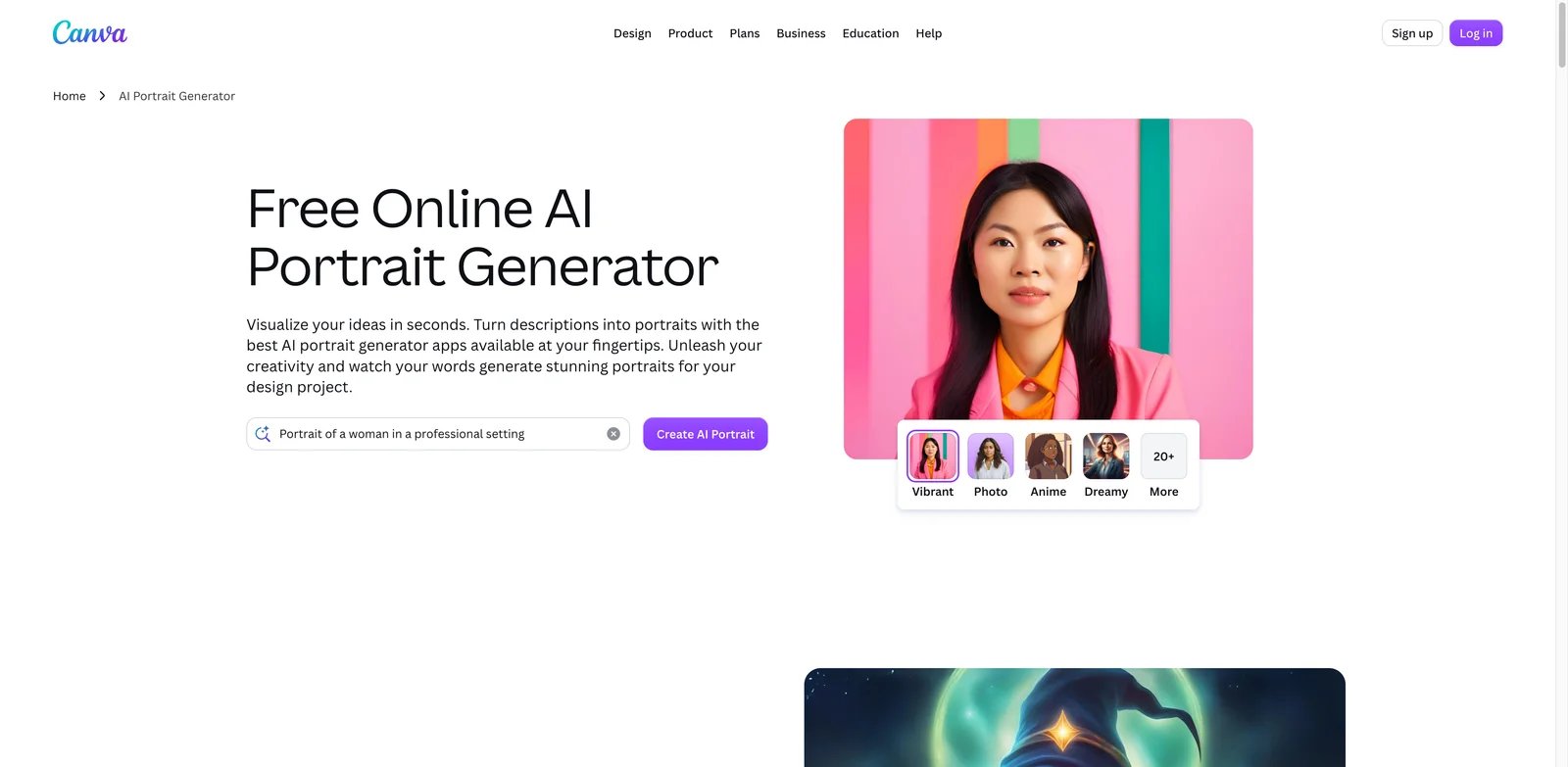 Canva interface showing AI portrait generation inside a design editor