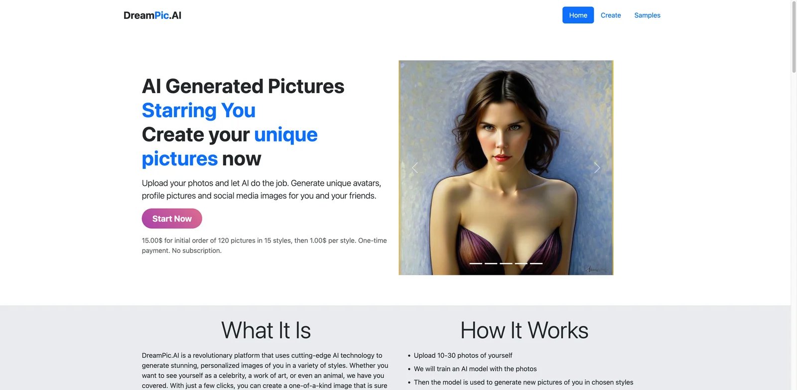 DreamPic.AI interface showing one-time AI portrait style packs and generated image sets