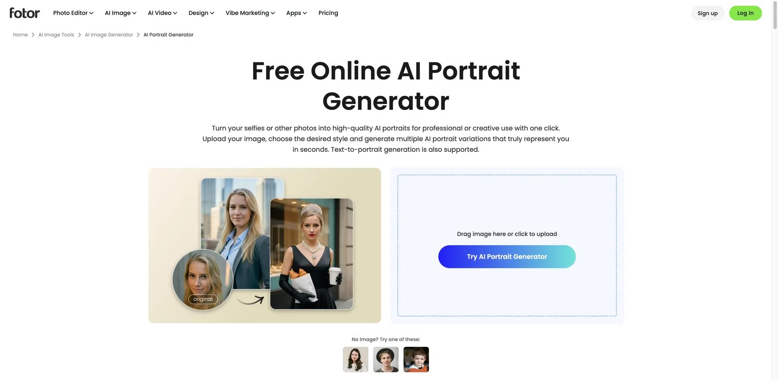 Fotor interface showing browser-based AI portrait generator and style options