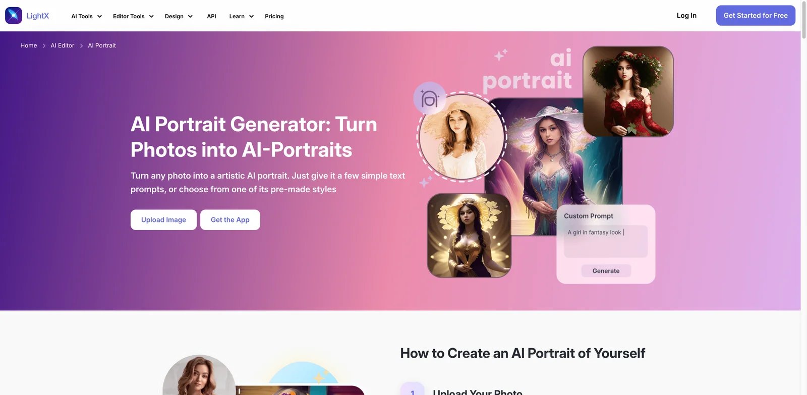 LightX interface showing AI portrait styles, prompt controls, and credit-based generation