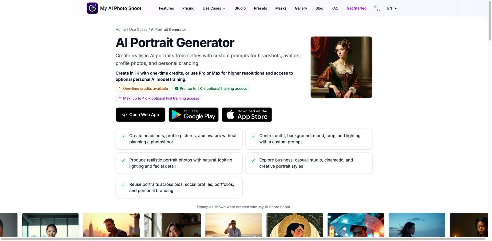 My AI Photo Shoot interface showing low-cost AI portrait batches and personal branding styles