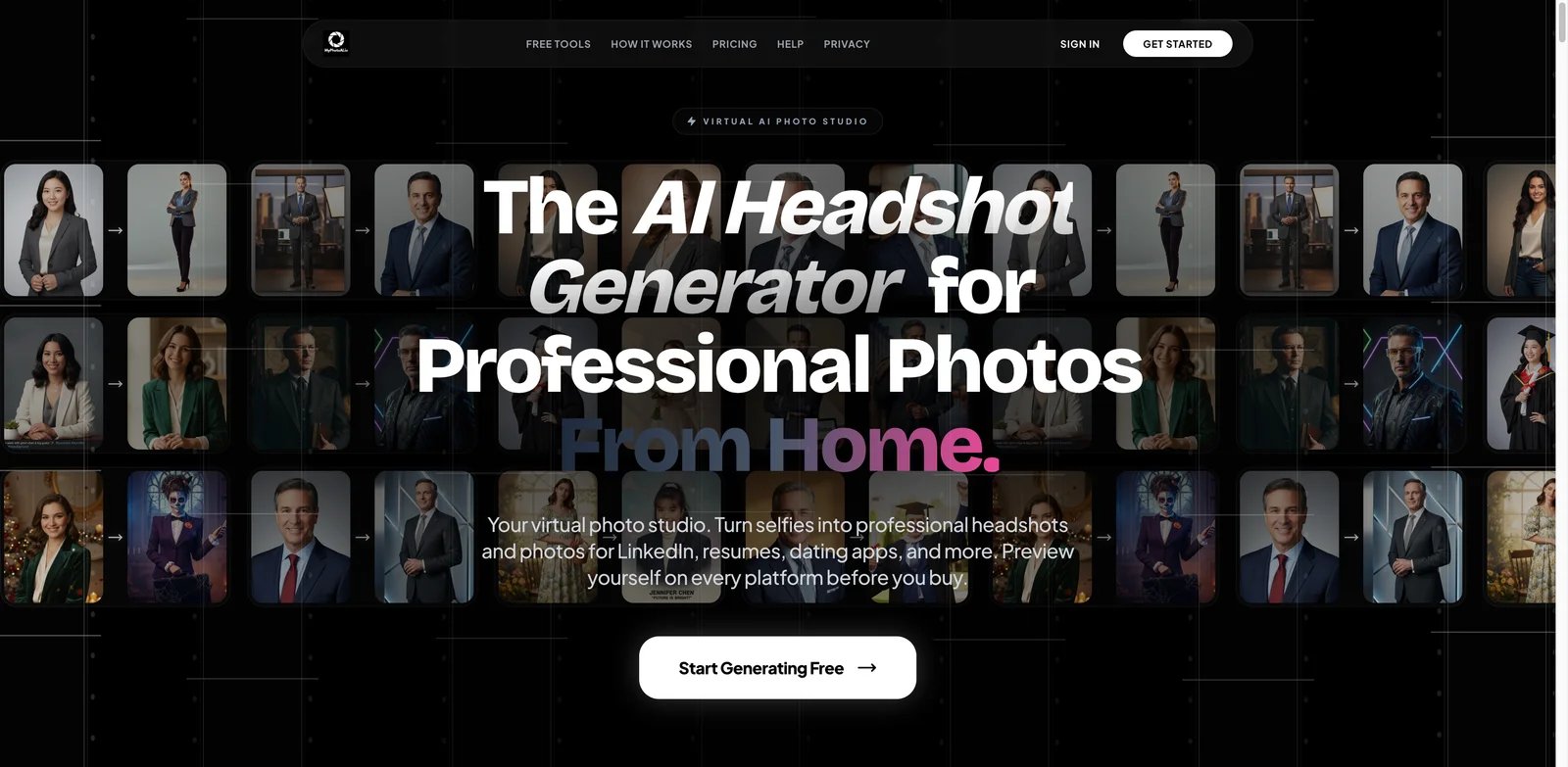 MyPhotoAI interface showing HD portrait previews and personal photo generation styles