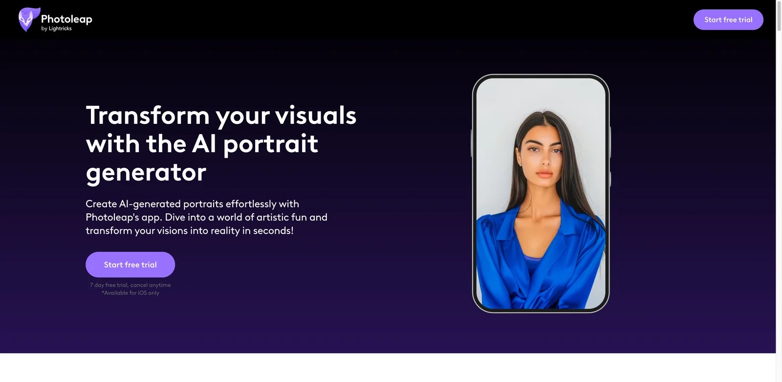 Photoleap interface showing mobile AI portrait styles and app-based creative editing
