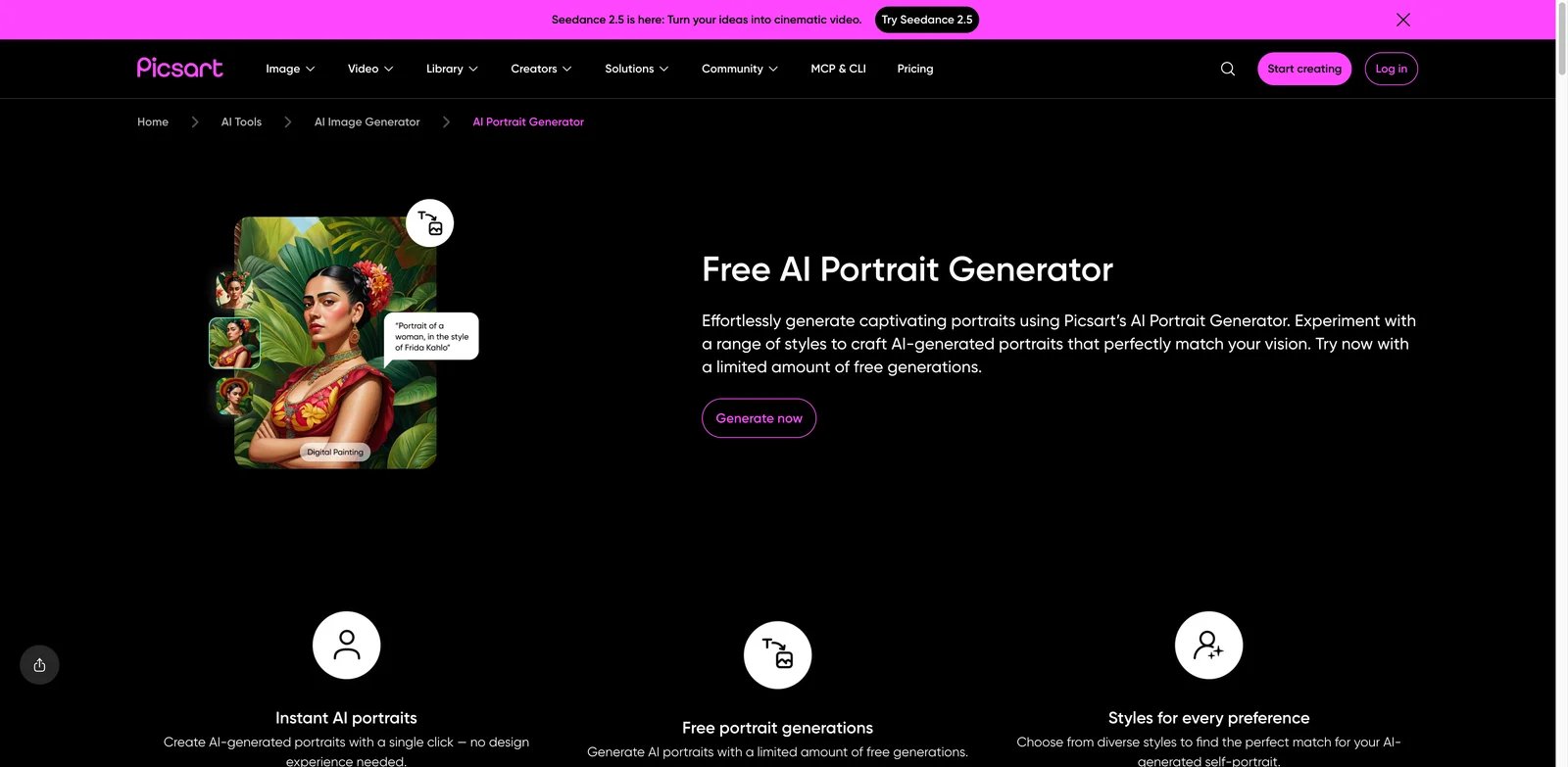 Picsart interface showing AI portrait generation with social editing and design controls