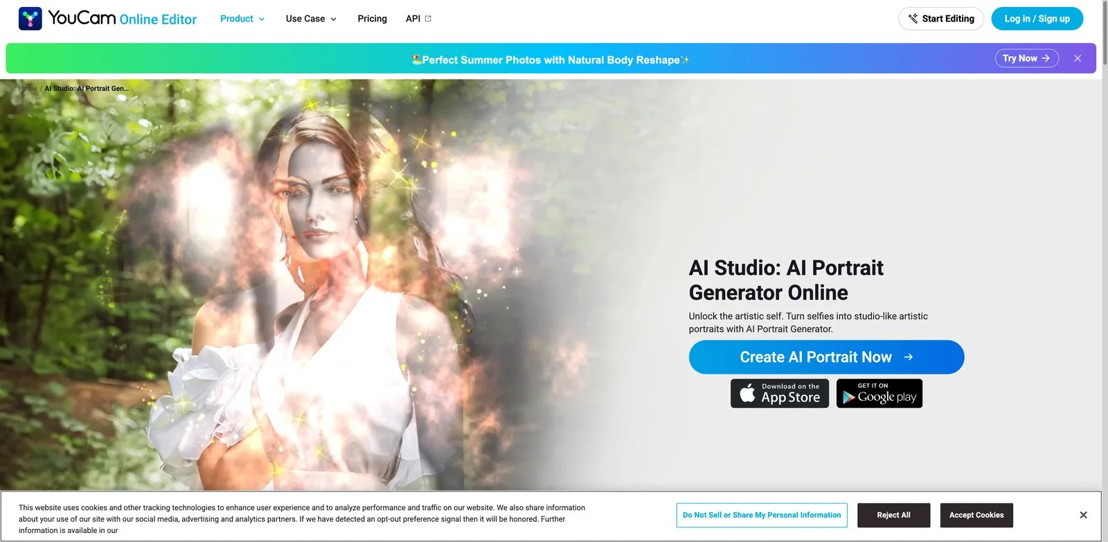 YouCam Online Editor interface showing selfie upload and AI portrait style selection