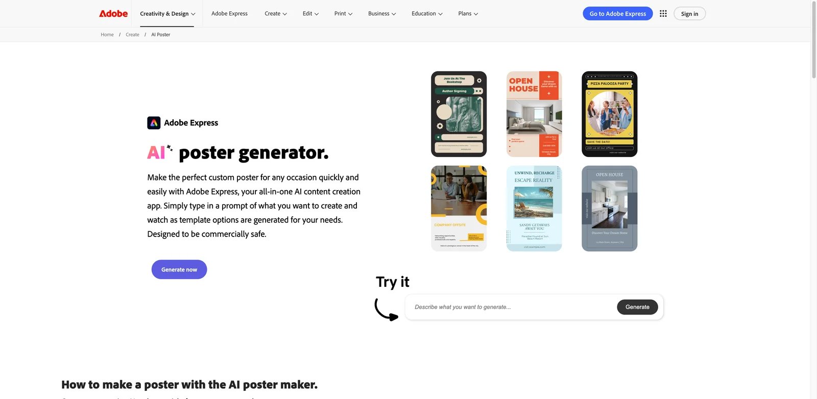 Adobe Express AI Poster Generator interface showing editable poster generation and design assets