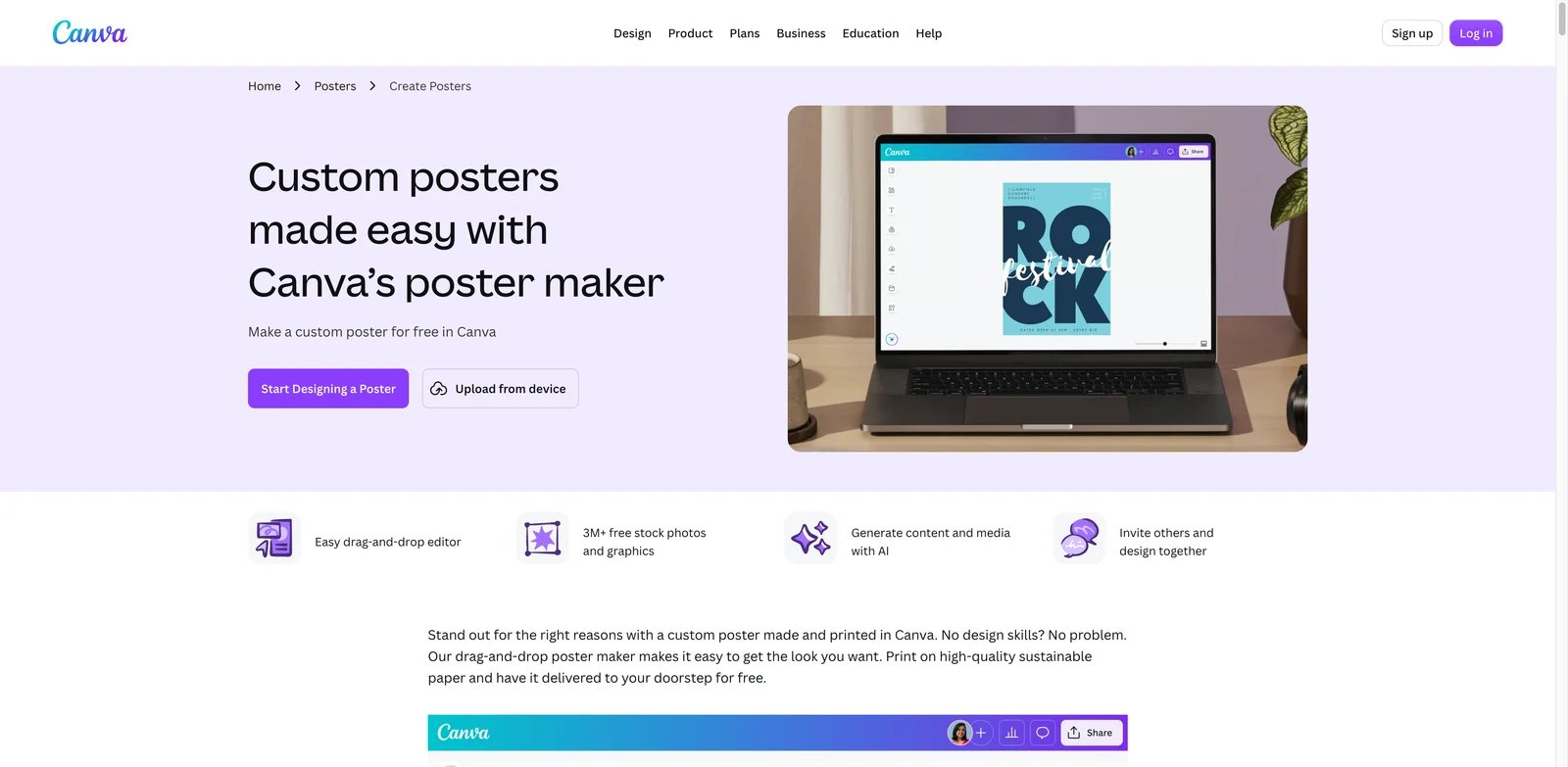 Canva AI Poster Generator interface showing poster templates and editable design controls