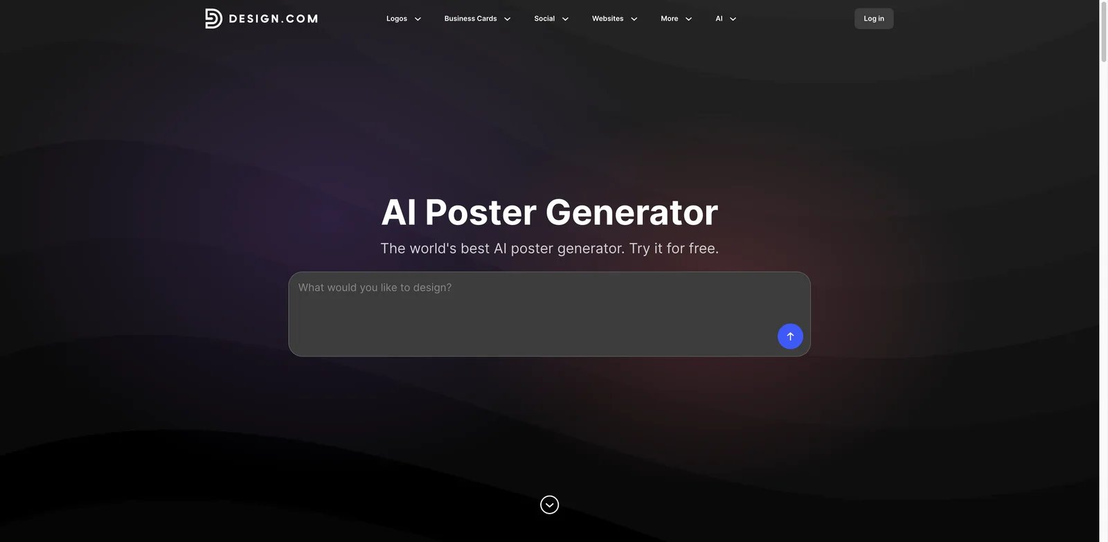 Design.com interface showing AI poster generation and brand asset exports