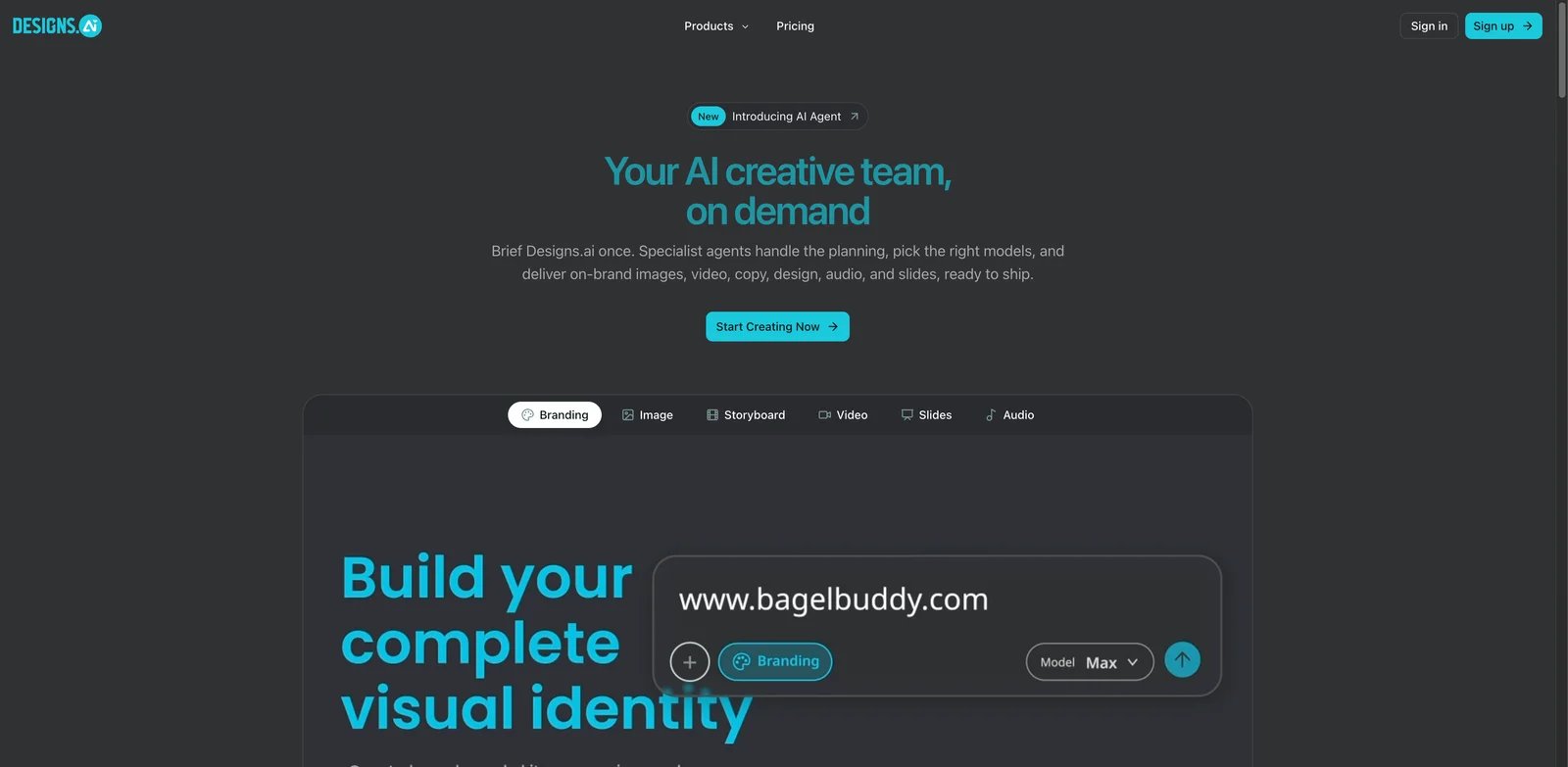 Designs.ai interface showing AI creative suite tools for campaign design