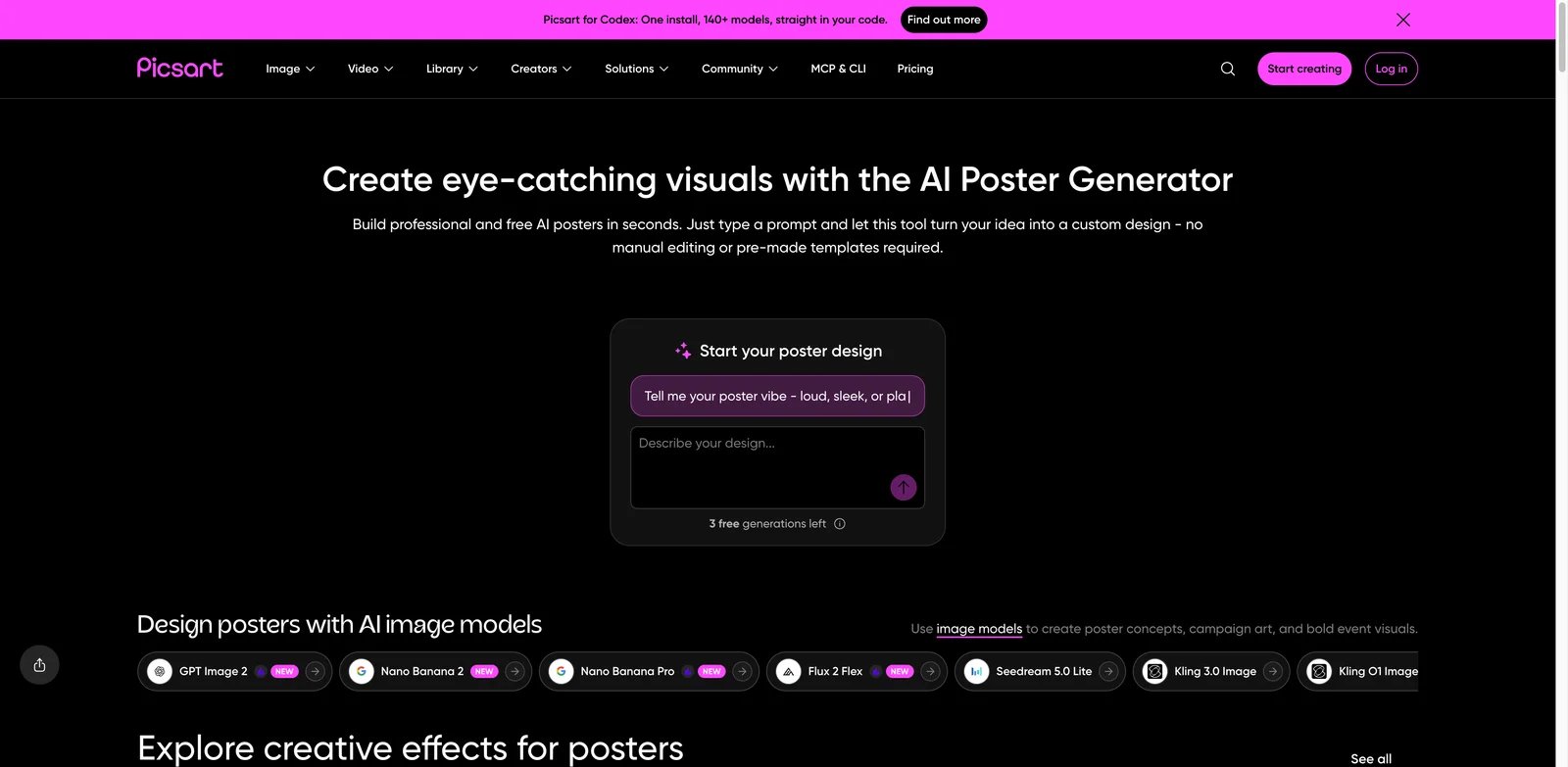 Picsart AI Poster Generator interface showing poster editing, image tools, and mobile creative controls