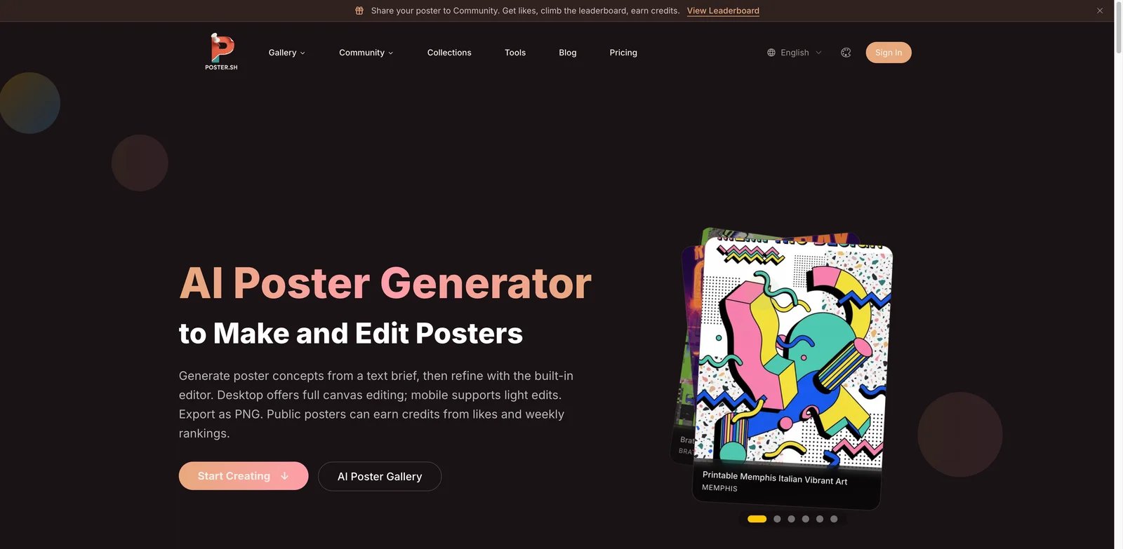 Poster.sh interface showing AI poster generation, credits, and export controls