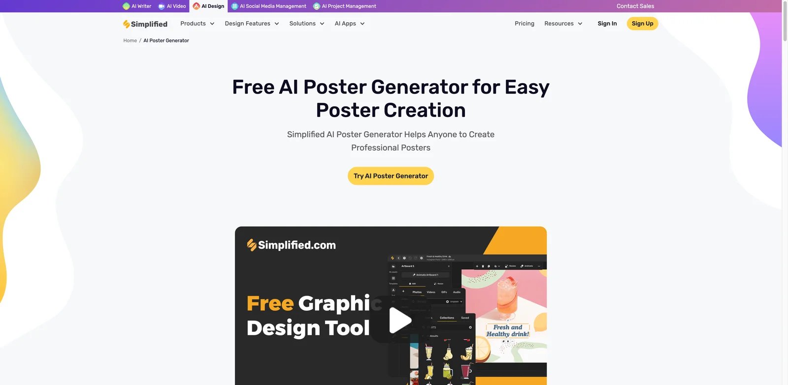 Simplified AI Poster Generator interface showing poster templates, AI copy, and campaign publishing tools