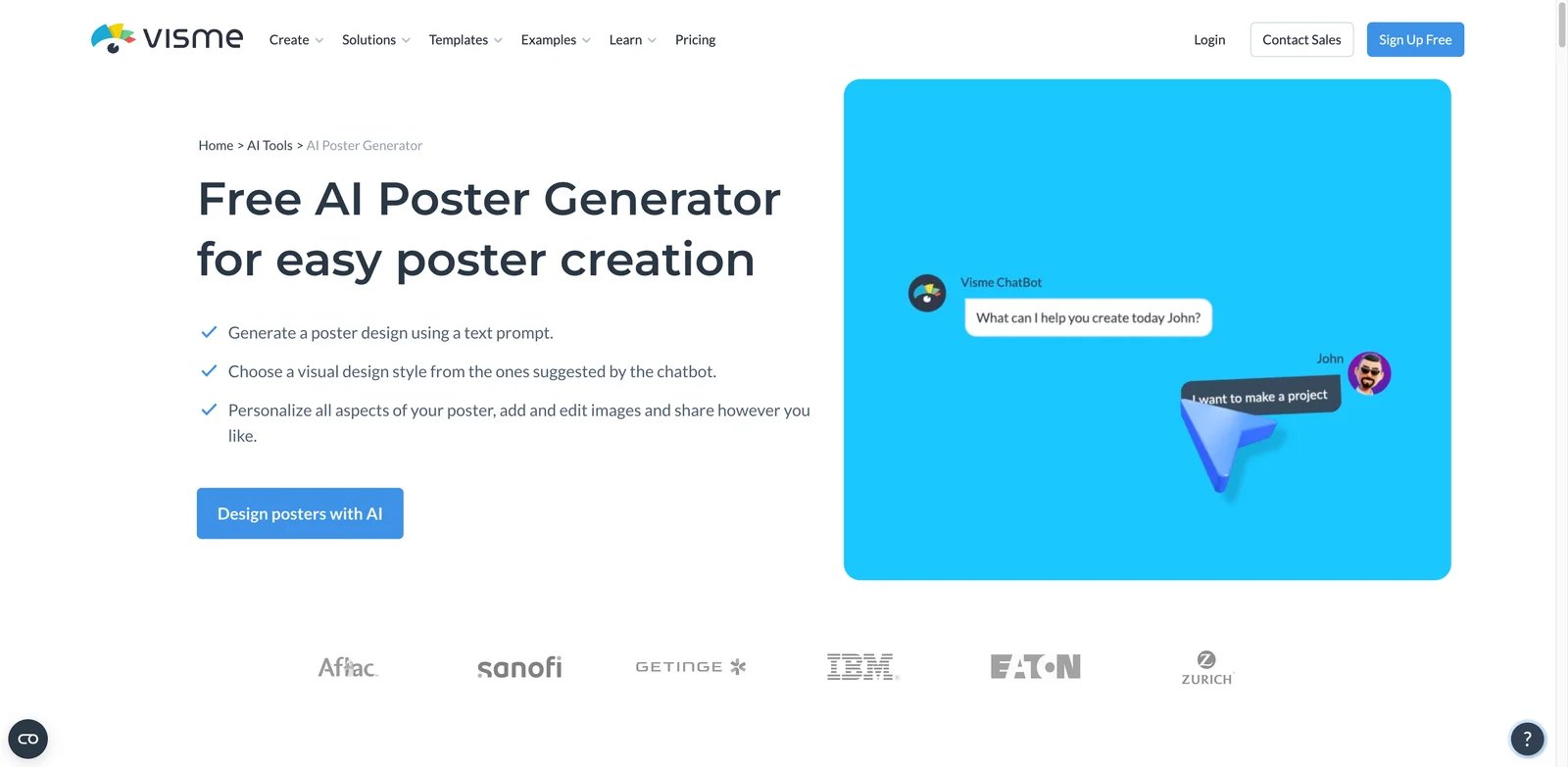 Visme AI Poster Generator interface showing business poster templates and brand settings