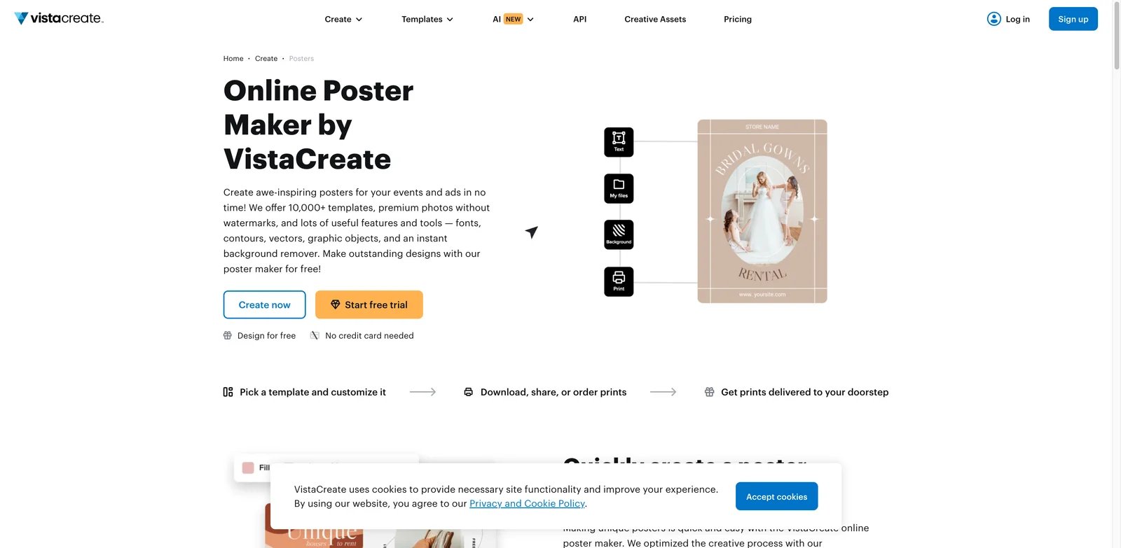 VistaCreate interface showing poster templates, AI tools, and resize options