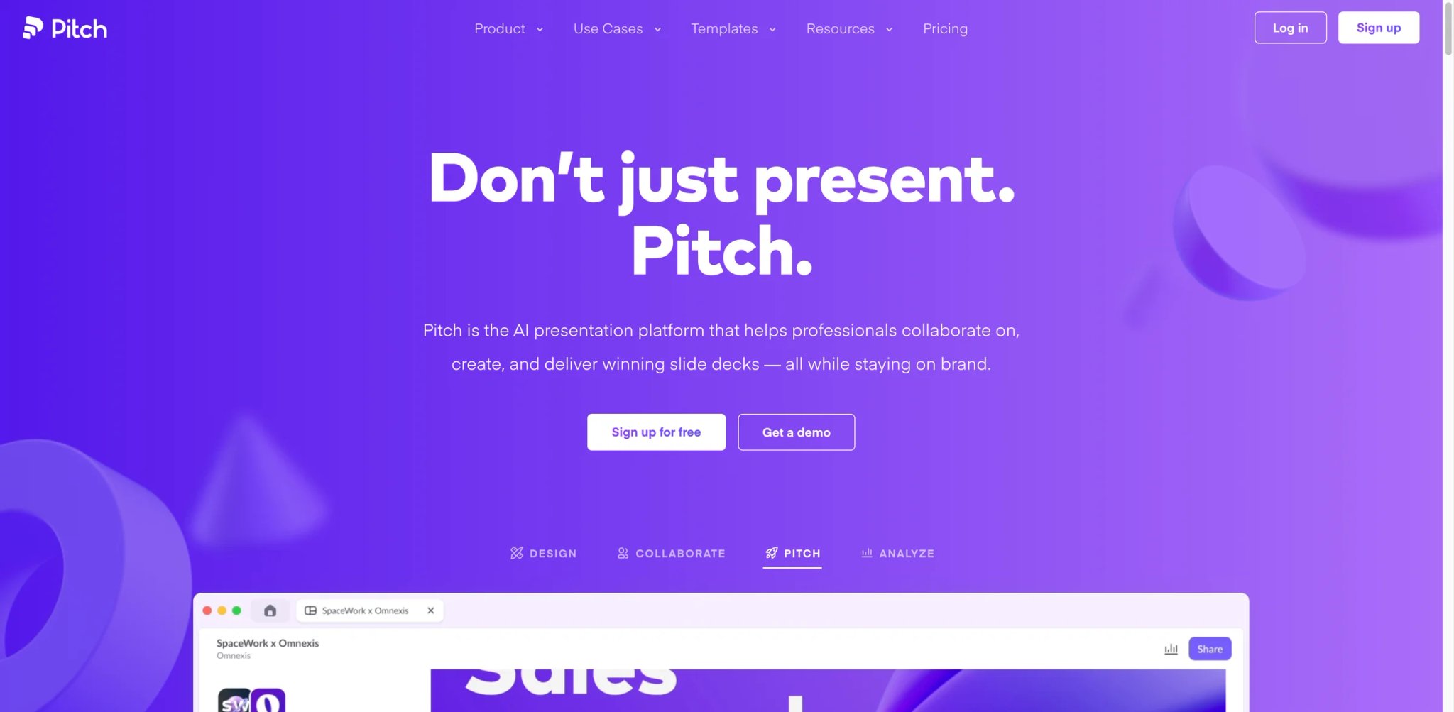 Pitch interface showing team presentation workspace