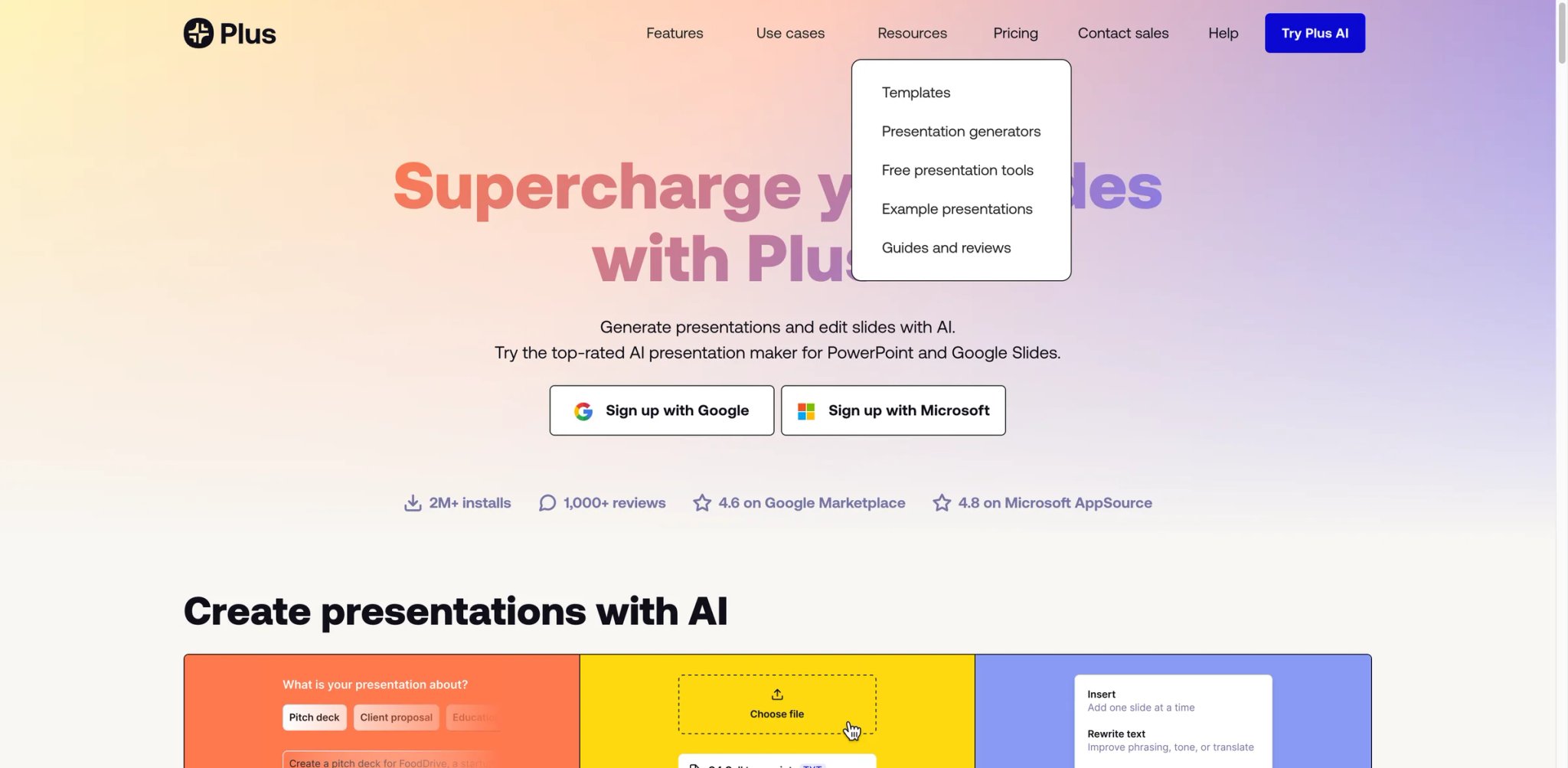 Plus AI interface showing Google Slides generation