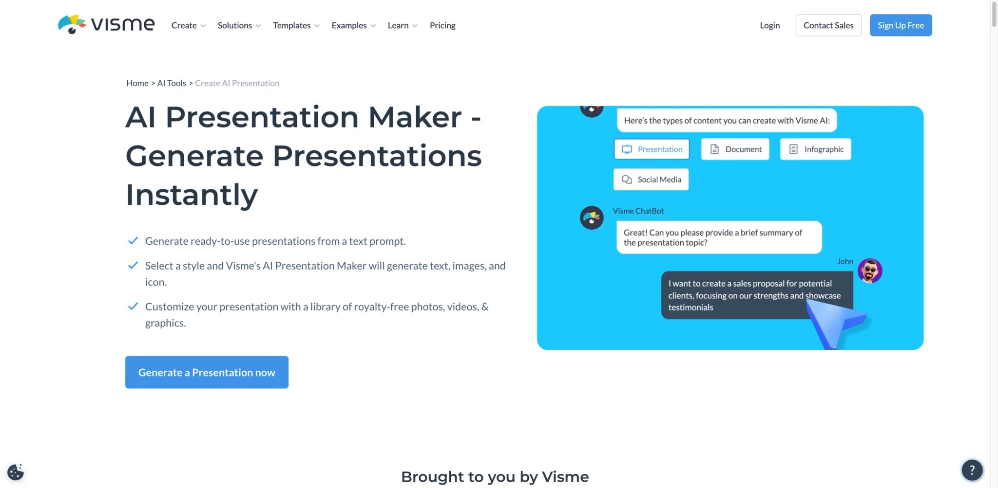 Visme interface showing data visualization presentation