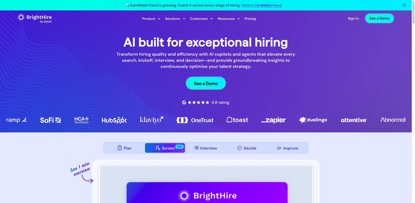 BrightHire interface showing interview notes and screening workflow
