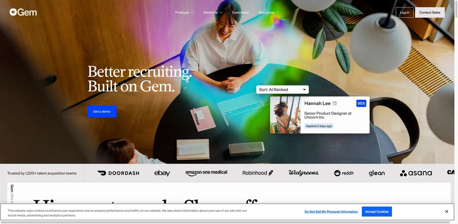 Gem interface showing recruiting CRM pipeline and campaign analytics