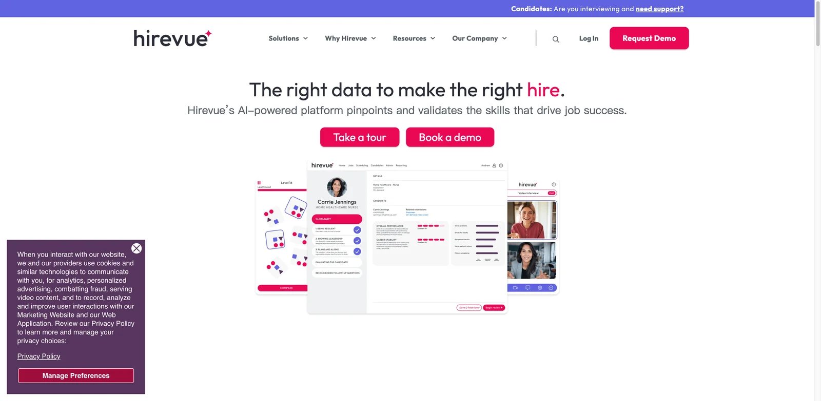 HireVue interface showing video interview and assessment workflow