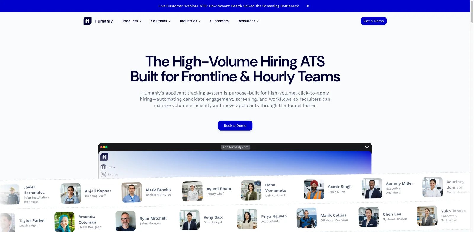 Humanly interface showing candidate screening and scheduling automation