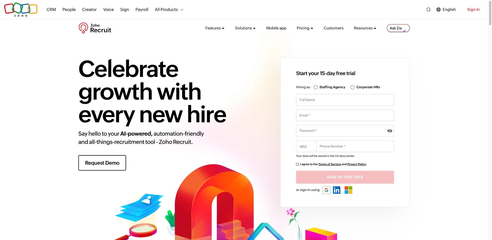Zoho Recruit interface showing applicant tracking and recruiter dashboard