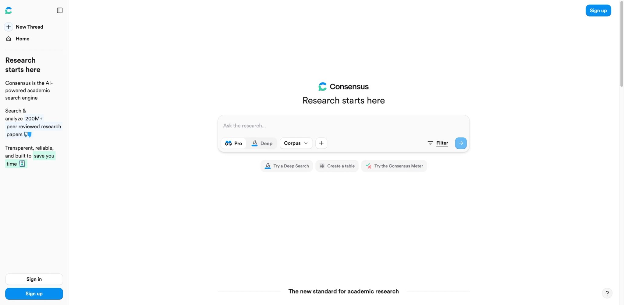 Consensus interface showing the Consensus Meter and evidence cards for a research query