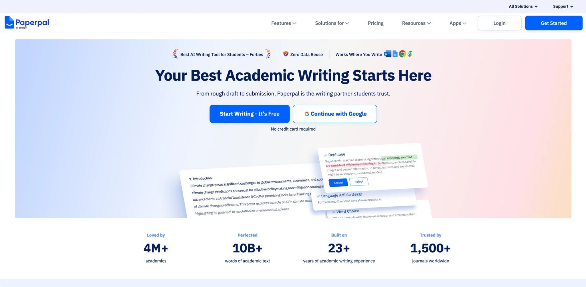 Paperpal interface showing academic writing suggestions with research-context awareness inside Word