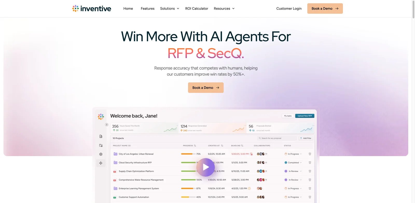 Inventive AI interface showing AI proposal and RFP response workflow