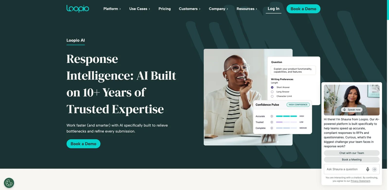 Loopio interface showing AI answer library and RFP response workflow