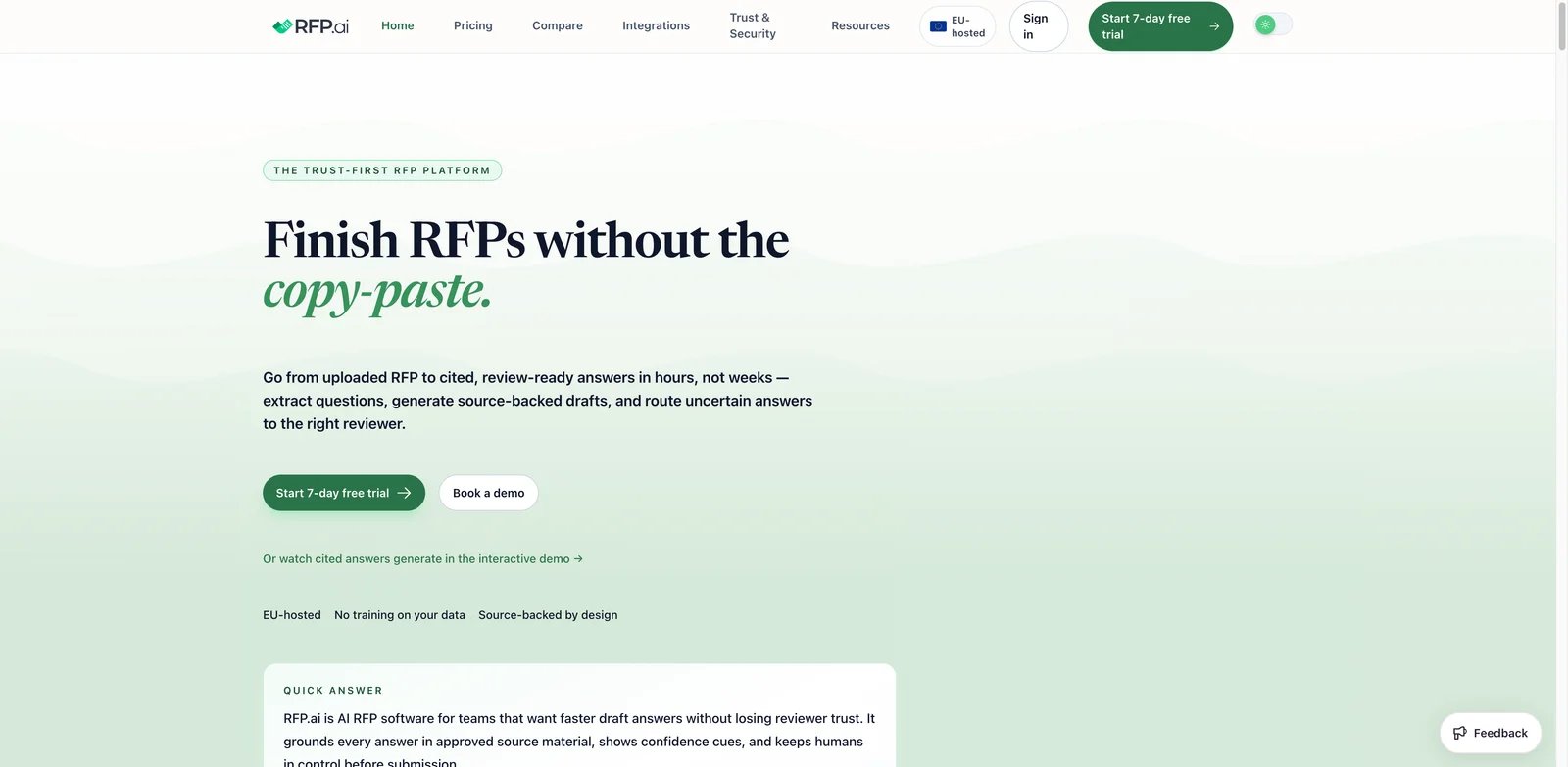 RFP.ai interface showing source-backed RFP answers