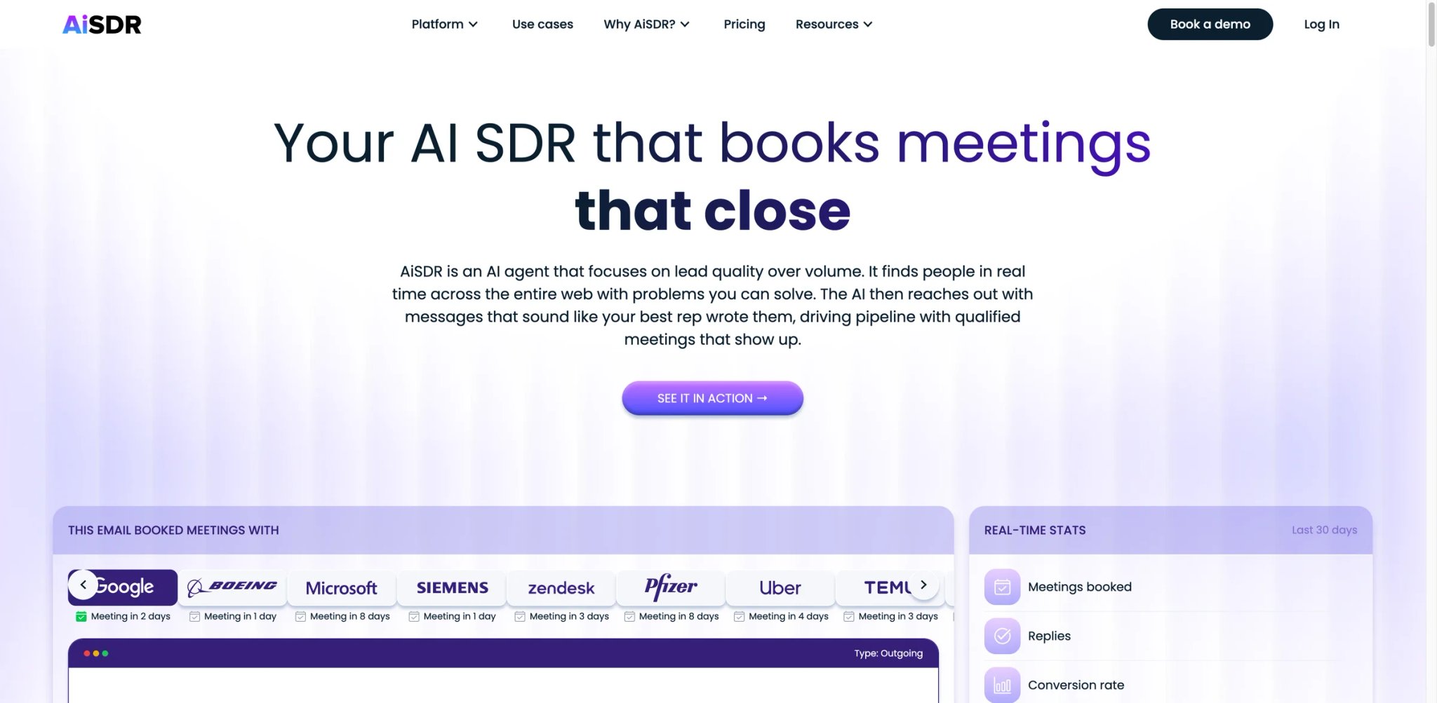 AiSDR interface showing autonomous AI SDR outreach dashboard